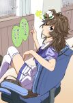  1girl animal_ears bangs brown_hair chair crossed_legs curtains ears_down green_eyes hair_ornament hairclip hat horse_ears horse_girl horse_tail indoors light_blush long_hair looking_at_viewer mini_hat mini_top_hat misu_kasumi mr._c.b._(umamusume) office_chair over-kneehighs pout puffy_short_sleeves puffy_sleeves purple_skirt rain school_uniform short_sleeves sitting skirt solo speech_bubble tail thigh-highs top_hat tracen_school_uniform translation_request white_legwear white_skirt window 