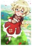  1girl backpack bag bangs blonde_hair blue_eyes blush brown_footwear brown_gloves commentary_request day dress elfnein frown gloves highres long_sleeves looking_at_viewer medium_dress open_mouth outdoors red_dress senki_zesshou_symphogear shoes socks solo standing standing_on_one_leg white_legwear wind yukitsuba_hina 