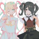  2girls :q ame-chan_(needy_girl_overdose) black_eyes black_hair black_ribbon blue_eyes blue_hair bow chouzetsusaikawa_tenshi-chan dual_persona eyebrows_visible_through_hair hair_bow hair_over_one_eye heart highres large_bow long_hair looking_at_another multicolored_hair multiple_girls multiple_hair_bows neck_ribbon needy_girl_overdose one_eye_closed pink_hair pleated_skirt ribbon sailor_collar school_uniform serafuku simple_background skirt smile sofra suspender_skirt suspenders tongue tongue_out twintails twitter_username upper_body very_long_hair white_hair yellow_bow 
