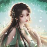  1girl baiguio_(zhu_xian) braid dress earrings green_dress hair_ornament highres jewelry leaf long_hair looking_at_viewer necklace wan_wan_bi_qing_qing zhu_xian 