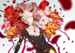  1boy bangs bishounen black_bodysuit bodysuit closed_mouth commentary_request earrings fate/apocrypha fate/grand_order fate_(series) flower hair_between_eyes highres jewelry karna_(fate) male_focus pale_skin semi_finalfight solo white_hair 