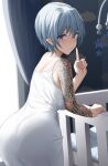 1girl absurdres arm_tattoo ass blue_hair commentary crib curtains dress english_commentary highres index_finger_raised indoors looking_back original panties see-through_dress shengtian short_hair solo tattoo underwear violet_eyes white_dress window 