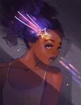  1girl artist_name breasts camisole commentary curly_hair dark-skinned_female dark_skin english_commentary geneva_bowers hair_bun looking_at_viewer looking_to_the_side open_mouth original purple_hair shooting_star solo star_(symbol) violet_eyes watermark white_camisole 
