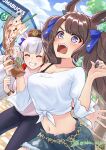  2girls :o absurdres animal_ears artist_name bangs blue_pants blue_shorts blue_sky bow brown_hair brown_headwear casual clouds cloudy_sky cup denim denim_shorts drinking_straw gold_ship_(umamusume) grin hair_bow highres holding holding_cup horse_ears horse_girl long_hair milk_tea multiple_girls navel open_mouth outdoors pants pink_shirt purple_hair shirt shorts sky sleeves_past_elbows smile teeth tohka_10days tosen_jordan_(umamusume) twintails umamusume violet_eyes white_shirt 