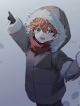  1boy bangs blue_eyes coat commentary_request crossed_bangs fur-trimmed_coat fur_trim genshin_impact highres hood hood_up male_focus open_mouth orange_hair pointing red_scarf scarf smile snow solo teucer_(genshin_impact) umemegn 