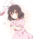  1girl :&gt; =3 animal_ears blush breasts brown_hair carrot_necklace closed_mouth cowboy_shot crossed_arms dress frills hair_between_eyes inaba_tewi looking_at_viewer medium_hair pink_dress puffy_short_sleeves puffy_sleeves rabbit_ears red_eyes sasaki_sakiko short_sleeves simple_background small_breasts smile solo touhou v-shaped_eyebrows white_background 