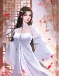  1girl absurdres black_hair chinese_clothes door dress flower hair_flower hair_ornament highres long_hair looking_at_viewer lu_xueqi_(zhu_xian) lu_xueqi_tongren_ye petals weibo_id weibo_logo white_dress zhu_xian 