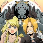  1girl 2022 2boys :d ahoge alphonse_elric animal_ears armor bangs bare_arms blonde_hair blue_eyes braid braided_ponytail collarbone double_v edward_elric fake_animal_ears full_armor fullmetal_alchemist gloves hair_between_eyes hairband happy_new_year highres korean_text long_hair low_ponytail multiple_boys new_year open_mouth ponytail red_eyes shiny shiny_hair shsh8860 smile swept_bangs tiger_ears v white_gloves winry_rockbell yellow_eyes yellow_hairband 