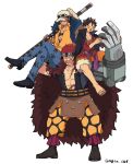  3boys absurdres annoyed black_hair cape carrying_over_shoulder crossed_legs eustass_captain_kid fur_cape hat highres holding holding_sword holding_weapon jacket jacket_on_shoulders male_focus mechanical_arms monkey_d._luffy multiple_boys ngtvcat one_piece redhead sheath sheathed single_mechanical_arm sitting_on_shoulder sword trafalgar_law weapon 