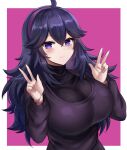  1girl @_@ ahoge alternate_breast_size black_hair breasts double_v edboy eyebrows_visible_through_hair hairband hex_maniac_(pokemon) highres large_breasts long_hair looking_at_viewer pokemon solo upper_body v violet_eyes 