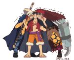  3boys absurdres cheek-to-cheek clenched_hands clenched_teeth competition eustass_captain_kid hat heads_together highres holding holding_weapon jacket jacket_on_shoulders male_focus mechanical_arms monkey_d._luffy multiple_boys ngtvcat one_piece sheath sheathed single_mechanical_arm sword teeth trafalgar_law weapon 