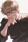  1boy ace_of_diamond bangs black_sweater brown_eyes brown_hair glasses hand_on_own_cheek hand_on_own_face head_rest highres male_focus miyuki_kazuya sato_(sato_1_11) short_hair sideburns smile solo sweater teeth upper_body 