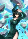  1girl arms_up black_hair breasts edboy eyebrows_visible_through_hair fubuki_(one-punch_man) green_eyes highres jewelry large_breasts lips long_sleeves looking_at_viewer necklace one-punch_man parted_lips short_hair solo 