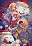  1girl :d ambitious_elf_jinx arm_at_side bag bangs bare_shoulders blonde_hair bow breasts christmas dress fur-trimmed_gloves fur-trimmed_headwear fur_trim gloves green_legwear hat holding holding_bag jinx_(league_of_legends) league_of_legends official_alternate_costume orange_bow over_shoulder poro_(league_of_legends) red_headwear red_legwear sack santa_dress santa_hat small_breasts smile snow snowing strapless strapless_dress striped striped_legwear thigh-highs wen_wei_dashi 