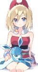  1girl absurdres arm_support bangs bare_shoulders blonde_hair blue_eyes closed_mouth commentary_request eyebrows_behind_hair feet_out_of_frame glaceon hair_between_eyes highres irida_(pokemon) looking_at_viewer pokemon short_shorts shorts smile strapless white_background white_shorts zoirun 