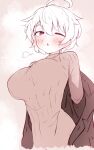  1girl ;o =3 absurdres ahoge blush breasts coat damao_(kiwa777) eyebrows_visible_through_hair hair_between_eyes highres large_breasts long_sleeves looking_at_viewer monochrome one_eye_closed original parted_lips ribbed_sweater sepia short_hair sketch solo sweater undressing 