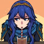  1girl akairiot armor bangs blue_eyes blue_hair chocolate_milk drinking drinking_straw drinking_straw_in_mouth fire_emblem fire_emblem_awakening glass long_hair looking_to_the_side lucina_(fire_emblem) milk shoulder_armor simple_background solo symbol-shaped_pupils symbol_in_eye tiara 