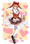  1girl absurdres apple apron bare_shoulders basket blonde_hair breasts elbow_gloves floating food frilled_skirt frills fruit full_body garter_straps gloves golden_apple heart highres idunn_(megami_tensei) light_blue_eyes looking_at_viewer shin_megami_tensei shin_megami_tensei_v shoes short_hair skirt sleeveless small_breasts smile solo thigh-highs 