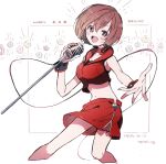  1girl :d bare_arms brown_eyes brown_hair commentary crop_top feet_out_of_frame happy_birthday hazime highres holding holding_microphone jacket meiko meiko_(vocaloid3) microphone microphone_stand midriff miniskirt navel open_mouth outstretched_arm red_jacket red_skirt short_hair simple_background skirt sleeveless sleeveless_jacket smile solo standing vocaloid wrist_cuffs 