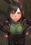  1girl alternate_costume bangs bent_over black_hair bodysuit breasts brown_eyes brown_hair final_fantasy final_fantasy_vii hands_on_hips highres kilye_kairi latex latex_bodysuit long_hair looking_at_viewer medium_breasts skin_tight solo yuffie_kisaragi 