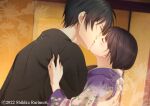  1boy 1girl artist_name black_hair black_kimono blush bow closed_eyes couple floral_print hair_bow hetero indoors izumi_(stardustalone) japanese_clothes kimono kiss long_hair original upper_body watermark white_bow 