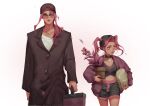  1boy 1girl absurdres bandana black_hair choker highres jacket jojo_no_kimyou_na_bouken kujo_jolyne leon_the_professional long_coat midriff momoju163 multicolored_hair narciso_anasui pink_hair pink_jacket plant potted_plant shorts sidelocks stone_ocean sunglasses twintails two-tone_hair 