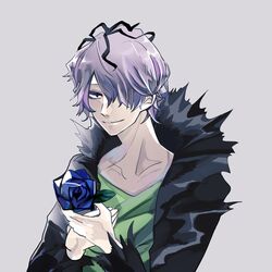  1boy black_coat blue_flower blue_rose coat flower garry_(ib) green_shirt hair_over_one_eye highres holding holding_flower ib male_focus miaki_(sakurasakura) own_hands_together purple_hair rose shirt short_hair simple_background smile upper_body 