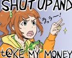  1girl bag bb_(baalbuddy) blush brown_hair coin english_text face futurama green_eyes handbag hands holding_up hood hoodie idolmaster idolmaster_(classic) meme open_mouth parody photoshop_(medium) raglan_sleeves short_hair solo sparkle takatsuki_yayoi twintails 