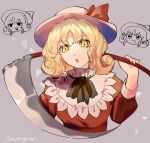  1girl :d :o ascot black_ascot blonde_hair commentary cropped_torso curly_hair elly_(touhou) eyebrows_visible_through_hair frilled_shirt_collar frills grey_background hand_up hat hat_ribbon highres holding holding_scythe koito_(bowstringsmall) long_sleeves looking_at_viewer looking_to_the_side medium_hair open_clothes red_ribbon red_shirt ribbon scythe shirt simple_background sleeve_cuffs smile solo sweatdrop touhou touhou_(pc-98) twitter_username v-shaped_eyebrows white_headwear yellow_eyes 