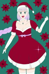  1girl absurdres choker christmas_dress coolguyslim21 elbow_gloves gloves green_eyes grey_hair happy hat highres lailah_(tales) ribbon santa_hat self_upload tales_of_(series) tales_of_zestiria thigh-highs 