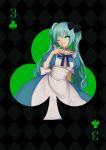  1girl ;) absurdres card green_eyes green_hair hatsune_miku highres hitobashira_alice_(vocaloid) one_eye_closed ribbon sassan_x smile solo three_of_clubs twintails vocaloid 