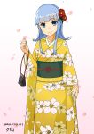 1girl absurdres bag blue_eyes blue_hair character_name commentary_request dated feet_out_of_frame floral_print flower furisode hair_flower hair_ornament hatsukaze_(kancolle) highres hime_cut japanese_clothes kantai_collection kimono long_hair looking_at_viewer multiple_views sandals simple_background smile solo white_background yellow_kimono yuushou