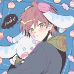  1boy ahoge animal_ears bangs black_jacket blush_stickers brown_hair candy_wrapper danganronpa:_trigger_happy_havoc danganronpa_(series) eyebrows_visible_through_hair fake_animal_ears from_side green_hoodie grey_background hood hood_down hoodie hug jacket long_sleeves naegi_makoto porary rabbit_ears solo stuffed_toy 