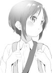  1girl absurdres backpack bag blush greyscale highres kurosaki_honoka looking_to_the_side monochrome parted_lips shinkun_(natsume_so) shirt short_hair short_sleeves upper_body yama_no_susume 