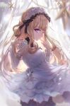  1girl azalea4 bangs blonde_hair blurry blurry_background blurry_foreground cagliostro_(granblue_fantasy) closed_mouth commentary_request depth_of_field detached_sleeves dress eyebrows_visible_through_hair finger_to_mouth flower granblue_fantasy hair_flower hair_ornament hand_up highres long_hair long_sleeves rose sleeveless sleeveless_dress solo very_long_hair violet_eyes white_dress white_flower white_rose white_sleeves 