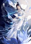  1girl absurdres black_hair china_dress chinese_clothes dress expressionless flower hair_bun highres long_hair lu_xueqi_(zhu_xian) lu_xueqi_tongren_ye sword weapon weibo_id weibo_logo white_dress zhu_xian 