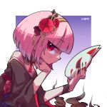  1girl absurdres bob_cut eyebrows_visible_through_hair fox_mask from_side highres holding holding_mask hololive hololive_english kemori looking_at_viewer mask mori_calliope pink_eyes pink_hair red_nails short_hair solo virtual_youtuber 