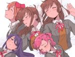  4girls bed bed_sheet blazer blush bow brown_hair brown_jacket closed_eyes closed_mouth doki_doki_literature_club hair_ornament hairclip half-closed_eyes head_on_another&#039;s_shoulder jacket leaning_on_person long_hair lying lying_on_person monika_(doki_doki_literature_club) multiple_girls natsuki_(doki_doki_literature_club) on_back open_mouth pink_hair ponytail purple_hair red_bow ribbon sayori_(doki_doki_literature_club) school_uniform short_hair sleeping sleeping_on_person sweat tsubobot twintails unconscious violet_eyes waking_up white_ribbon yuri_(doki_doki_literature_club) 