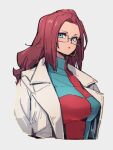  1girl alternate_hairstyle android_21 blue_eyes breasts checkered_clothes checkered_dress dragon_ball dragon_ball_fighterz dress earrings glasses grey_background hoop_earrings jewelry kemachiku labcoat long_hair looking_at_viewer medium_breasts redhead simple_background solo upper_body 
