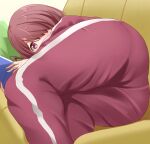  1girl ass bangs blush brown_hair couch eyebrows_visible_through_hair hair_over_one_eye highres hoshino_miyako_(wataten) jacket long_sleeves looking_at_viewer lying on_couch on_side open_mouth poa_mellhen short_hair solo track_jacket track_suit watashi_ni_tenshi_ga_maiorita! 