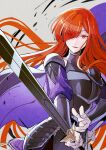  1girl aono_shimo armor cape dorothea_nur eyebrows_visible_through_hair eyes_visible_through_hair faulds floating_hair gauntlets hair_over_one_eye highres holding holding_sword holding_weapon long_hair looking_at_viewer mature_female purple_cape red_eyes redhead solo sword very_long_hair watashi_no_oshi_wa_akuyaku_reijou weapon 
