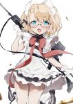  1girl :d assault_rifle bangs bespectacled black-framed_eyewear black_dress black_footwear blonde_hair blue_eyes bow bowtie braid commentary dress frilled_dress frills g36_(girls&#039;_frontline) girls_frontline glasses gloves gun h&amp;k_g36 highres jumping legs_up looking_at_viewer maid maid_headdress mary_janes open_mouth red_bow red_bowtie rifle sabashi semi-rimless_eyewear shoes short_dress short_hair simple_background sleeveless sleeveless_dress smile socks solo standing under-rim_eyewear weapon weapon_on_back white_background white_gloves white_legwear younger 