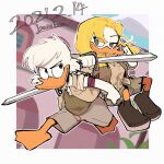  1boy 1girl armband artist_name bamboo_617 bird blonde_hair blue_sky clouds cloudy_sky dated disney duck duck_tales eyes_visible_through_hair furry furry_female furry_male goldie_o&#039;gilt green_eyes highres holding holding_sword holding_weapon jacket long_hair looking_at_another red_eyes scrooge_mcduck shirt short_sleeves shorts sideways_glance sky smirk sword tied_shirt weapon white_hair younger 