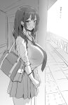  1girl absurdres bag blush bra_visible_through_clothes breasts collared_shirt greyscale highres hotate-chan huge_breasts long_hair looking_at_viewer loose_necktie monochrome necktie original pleated_skirt railroad_tracks school_bag school_uniform see-through shirt sidelocks skirt sleeves_rolled_up smile solo standing train_station translation_request 