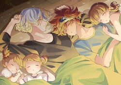  2boys 3girls blanket blonde_hair blue_hair closed_eyes hair_between_eyes hair_ornament hasegawa_langa headband highres kyan_reki looking_at_viewer male_focus messy_hair multiple_boys multiple_girls open_mouth redhead shirt short_hair siblings sk8_the_infinity sleeping t-shirt twins uppi 