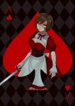  1girl absurdres ace_of_spades brown_hair card glowing glowing_eyes highres hitobashira_alice_(vocaloid) holding holding_sword holding_weapon layered_sleeves long_sleeves meiko puffy_short_sleeves puffy_sleeves red_eyes ribbon sassan_x short_hair short_over_long_sleeves short_sleeves solo sword vocaloid weapon 