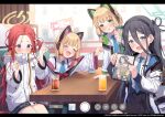  4girls :d animal_ear_headphones animal_ears arisu_(blue_archive) bangs black_hair blonde_hair blue_archive blue_bow blue_eyes blush bow cat_ear_headphones collared_shirt drink eyebrows_visible_through_hair fake_animal_ears green_eyes hair_between_eyes hair_bow halo headphones highres holding hood hood_down hooded_jacket indoors jacket long_hair looking_at_viewer midori_(blue_archive) momoi_(blue_archive) multicolored_clothes multicolored_jacket multiple_girls necktie official_art open_mouth phone_screen red_bow redhead school_uniform shirt short_hair siblings sitting smile table thigh-highs twins white_jacket wide_sleeves yukiyama_momo yuzu_(blue_archive) 