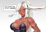  1girl alternate_hairstyle animal_ears bare_shoulders boku_no_hero_academia breasts castell collarbone dark-skinned_female dark_skin english_text impossible_clothes impossible_leotard large_breasts leotard long_hair looking_at_viewer mirko open_mouth ponytail rabbit_ears raised_eyebrow red_eyes short_eyebrows solo speech_bubble strapless strapless_leotard teeth upper_body upper_teeth white_hair 