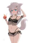  1girl :o absurdres ahoge among_us animal_ears arknights armpits bikini bikini_skirt black_bikini blue_eyes blue_poison_(arknights) blush breasts commentary cowboy_shot crewmate_(among_us) cup drink drinking_straw eyebrows_visible_through_hair fox_ears fox_girl fox_tail hair_ornament hairclip highres holding holding_cup ice ice_cube leginfs_(ppppriver) looking_down navel official_alternate_costume oripathy_lesion_(arknights) parted_lips saliva saliva_trail see-through short_hair short_twintails silver_hair simple_background small_breasts solo_focus standing stomach sussurro_(arknights) sussurro_(summer_flowers)_(arknights) sweat sweatdrop swimsuit tail thighs twintails when_you_see_it white_background 