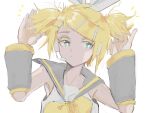  1girl alternate_hairstyle aqua_eyes arms_up bare_shoulders blonde_hair bow colored_eyelashes detached_sleeves hair_bow hair_ornament hairclip half-closed_eyes hands_in_hair headphones headset highres kagamine_rin looking_to_the_side sailor_collar serious shimeji_(user_fkzg7225) shirt short_twintails sketch sleeveless sleeveless_shirt solo twintails vocaloid 